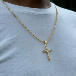14k EP Cross Pendant with Rope chain, Icy Cross crucifix ,necklace for men/women